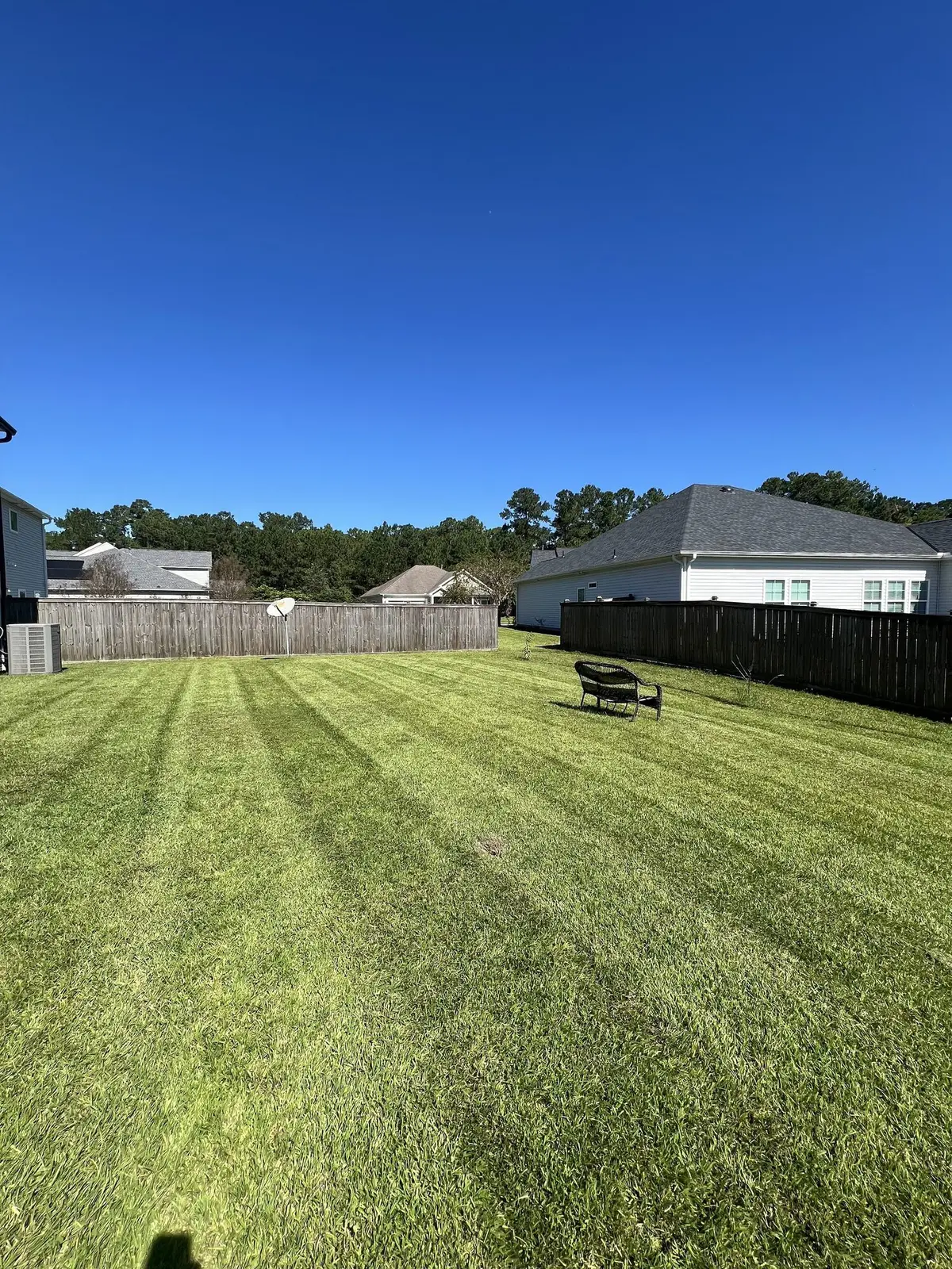 A striped backyard lawn behind a wood fence