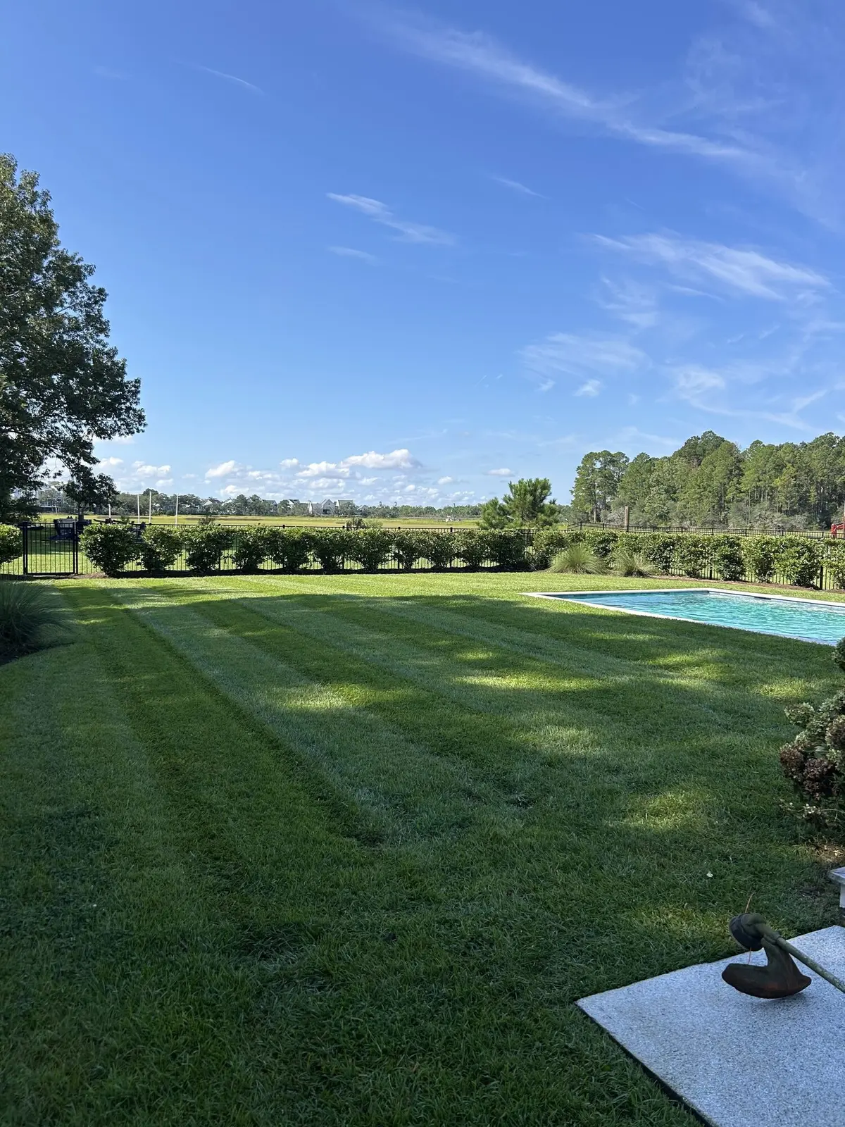 A striped lawn beside a backyard pool