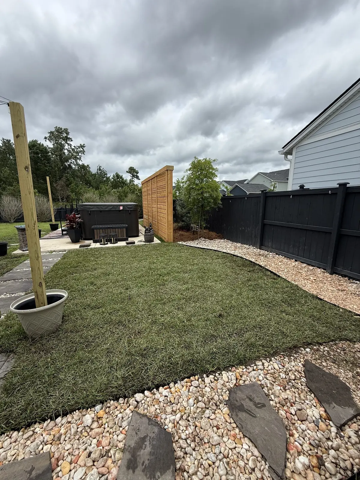 A modern landscape bed with rock mulch and a newly planted tree